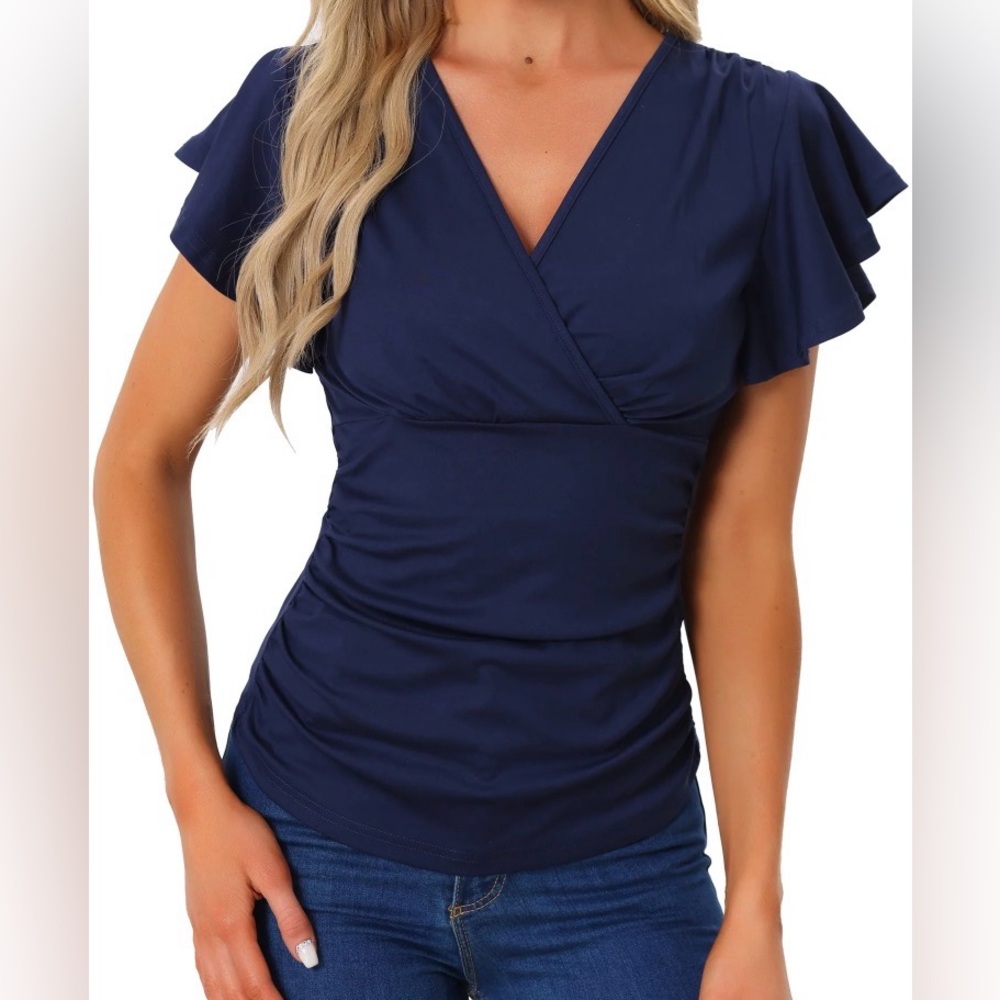 Allegra K Faux Wrap Blouse Summer V Neck Ruffle Sleeve Casual Top Blouse